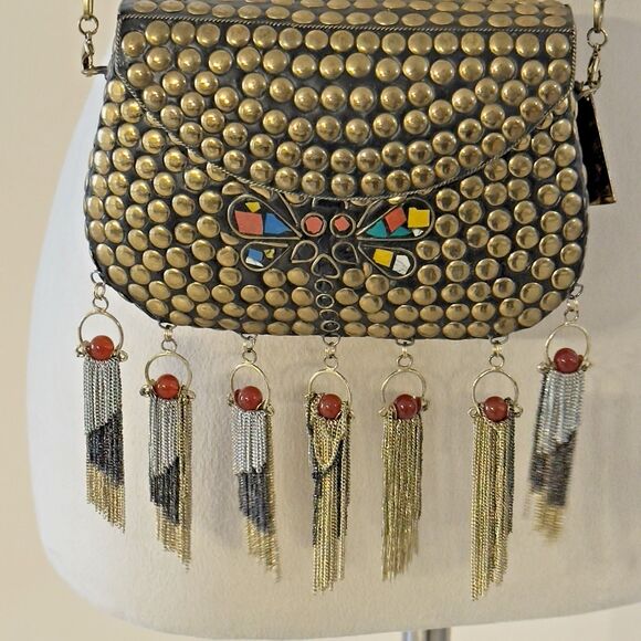 Love Binetti Diego Metal Brass Stud Clutch Bag Mini Purse Butterfly Coral Tassel - Picture 5 of 16